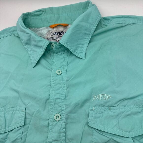 AFTCO Fishing Shirt Mens Large Blue Vented Button Up Short Sleeve Aftech Pockets - Picture 1 of 6